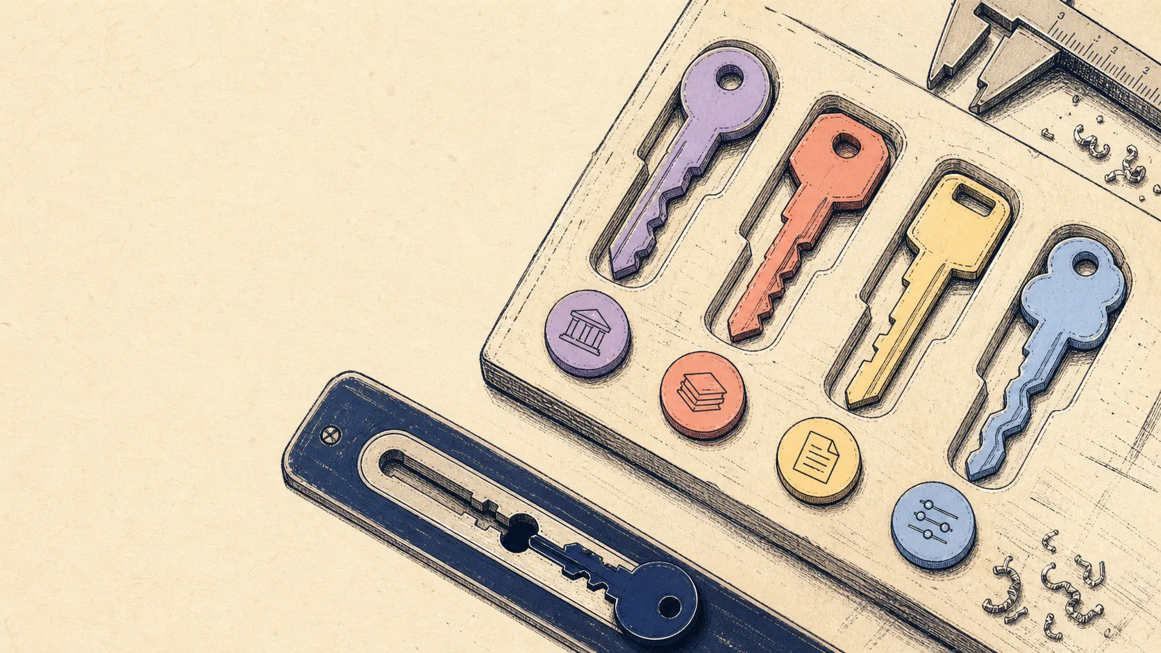 Four workflow keys are compared against a payout-to-close lock plate on a key-cutting bench.