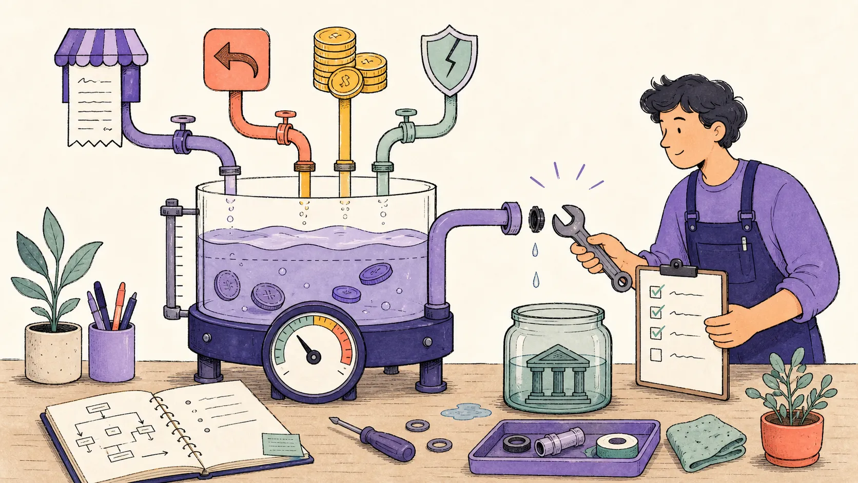 A hand-drawn merchant repairs a loose pipe between a Shopify clearing tank and a bank deposit jar while checking sales, refunds, fees and disputes.