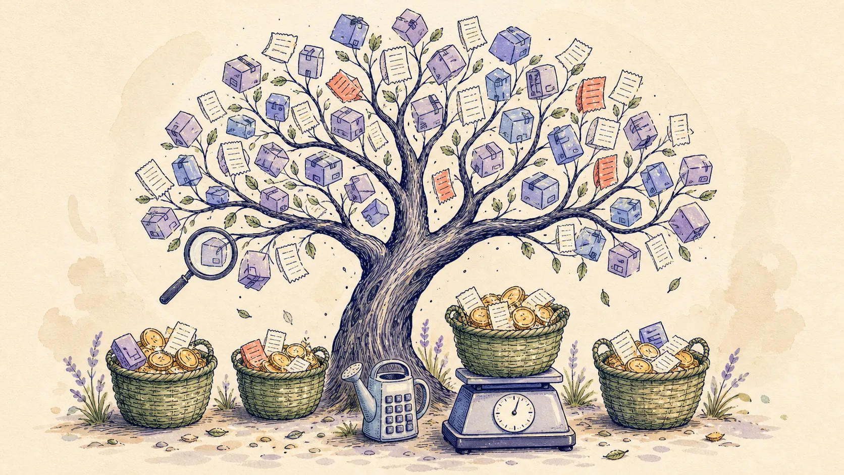 A hand-drawn accounting tree shows many individual Shopify order parcels gathered into a few payout baskets for QuickBooks.