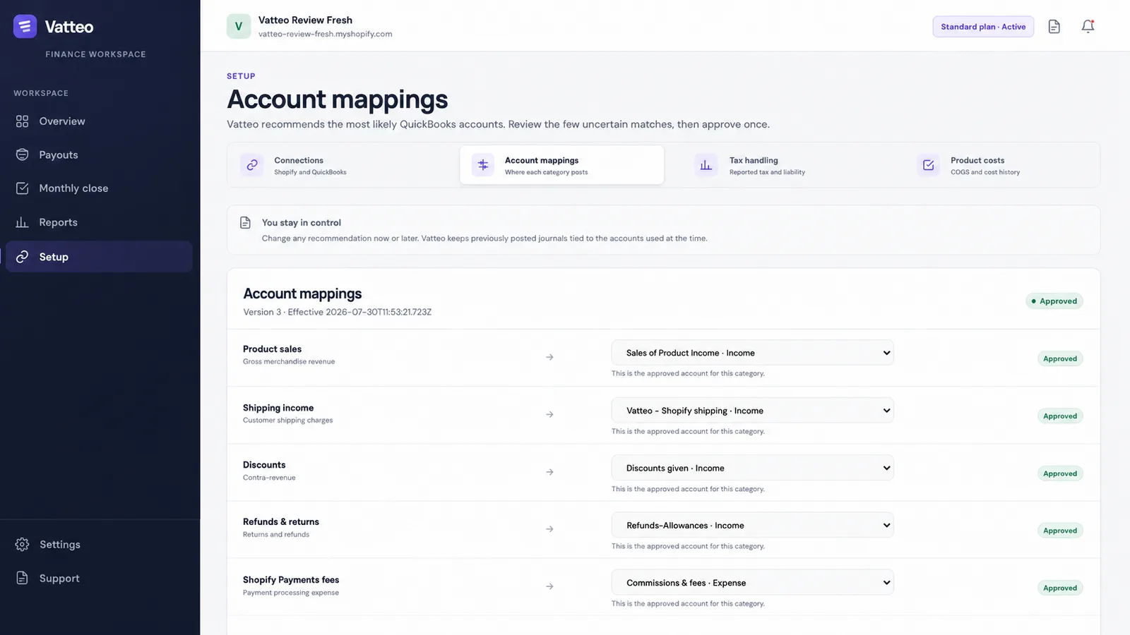 Vatteo account mappings showing product sales, shipping, discounts, refunds, and Shopify Payments fees mapped to QuickBooks accounts.