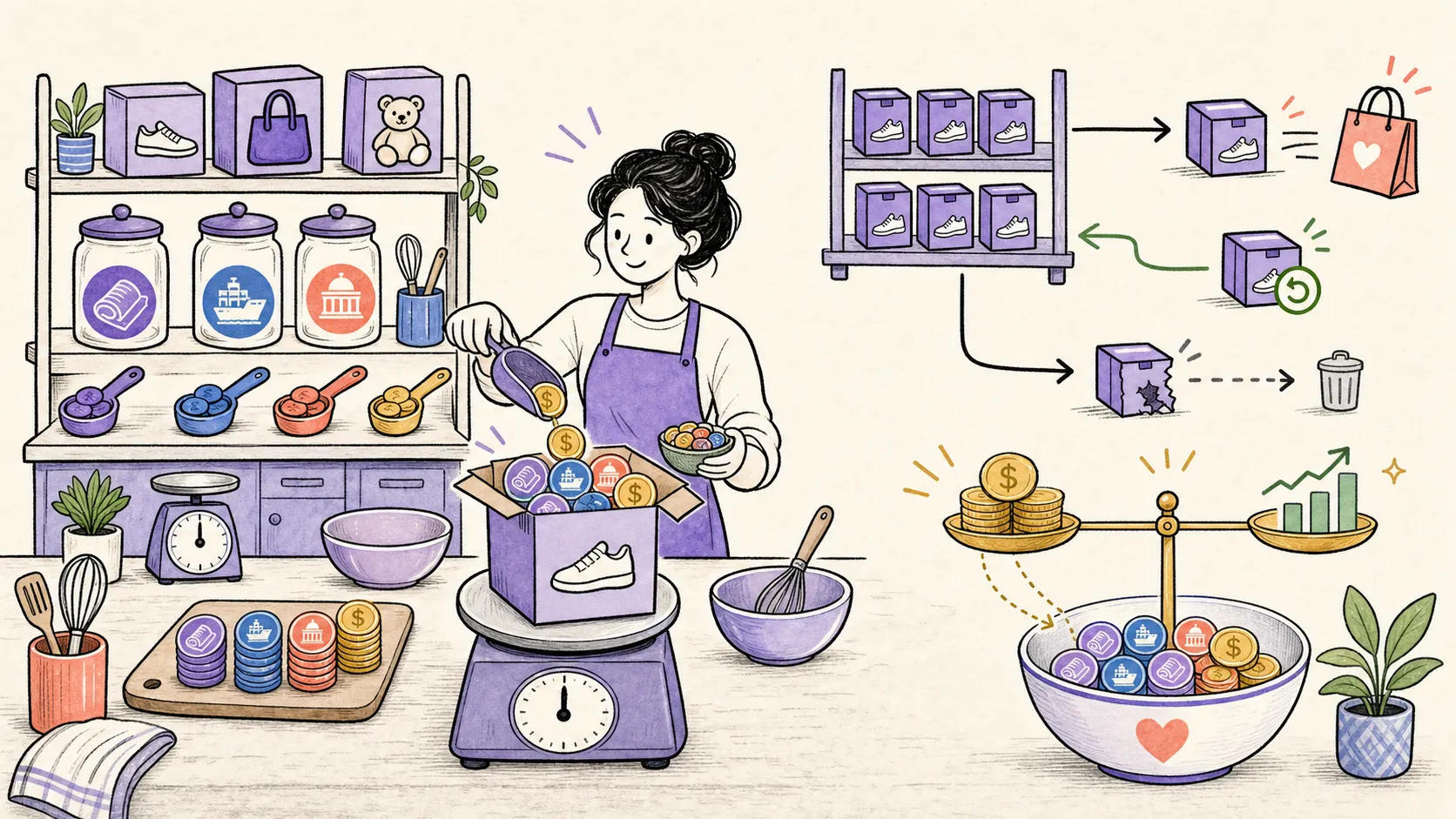 A hand-drawn Shopify merchant combines material, freight and duty costs into product units before moving sold units from inventory to cost of goods sold.