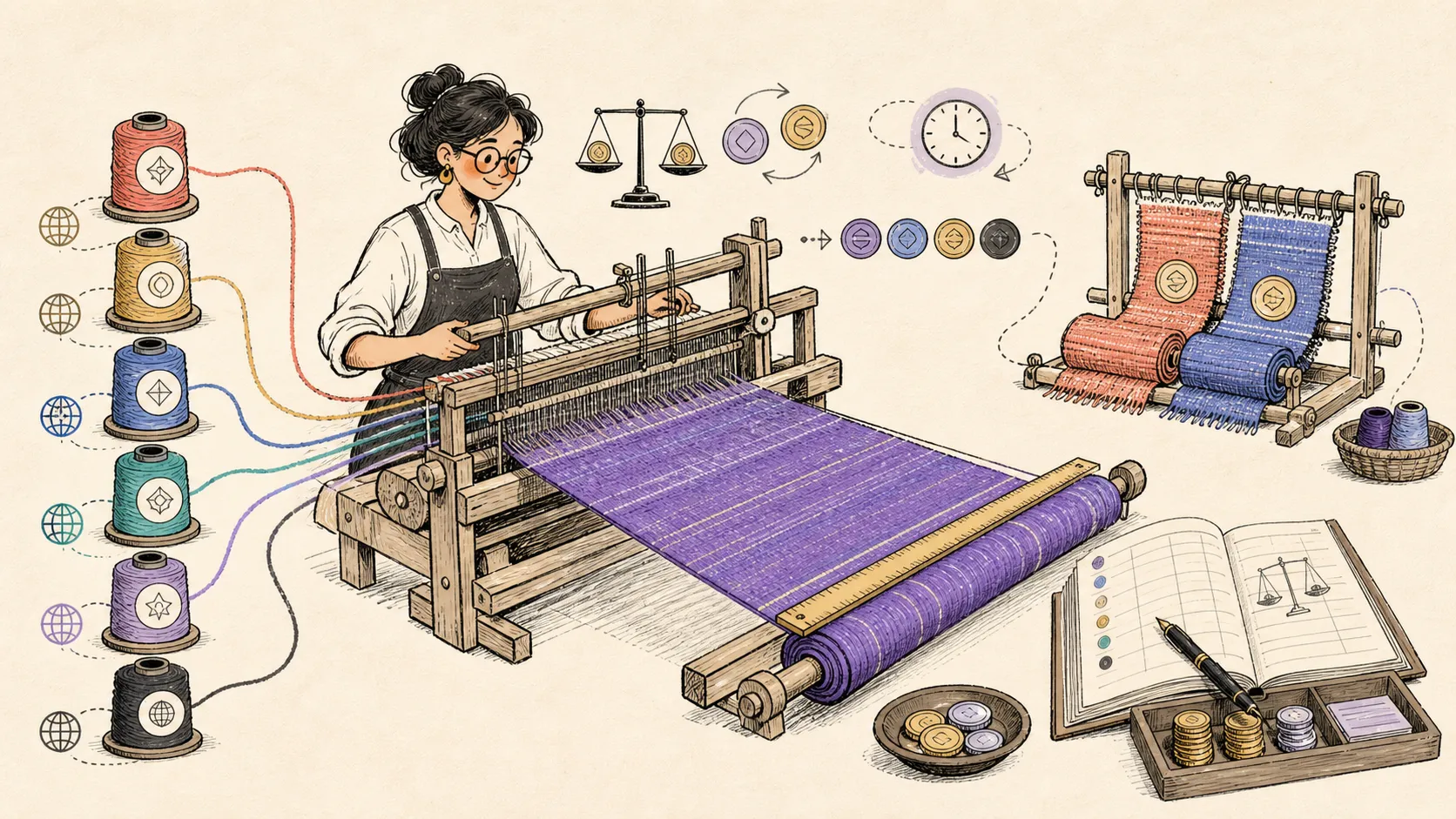 A hand-drawn merchant uses a loom to weave several customer-currency threads into one clearly measured payout-currency cloth for the accounting ledger.