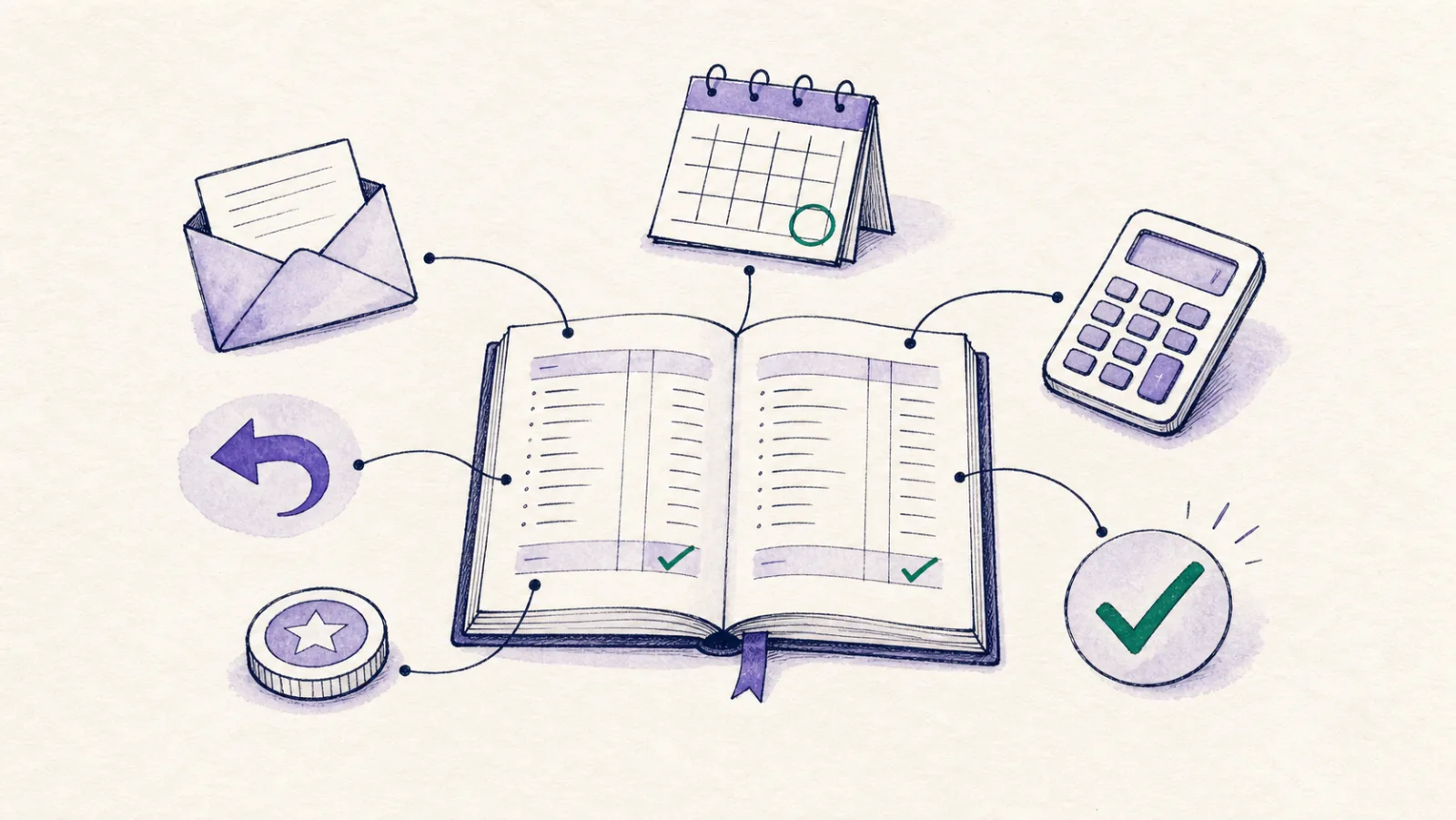 A hand-drawn month-end workspace with a matched Shopify payout and organised accounting records.