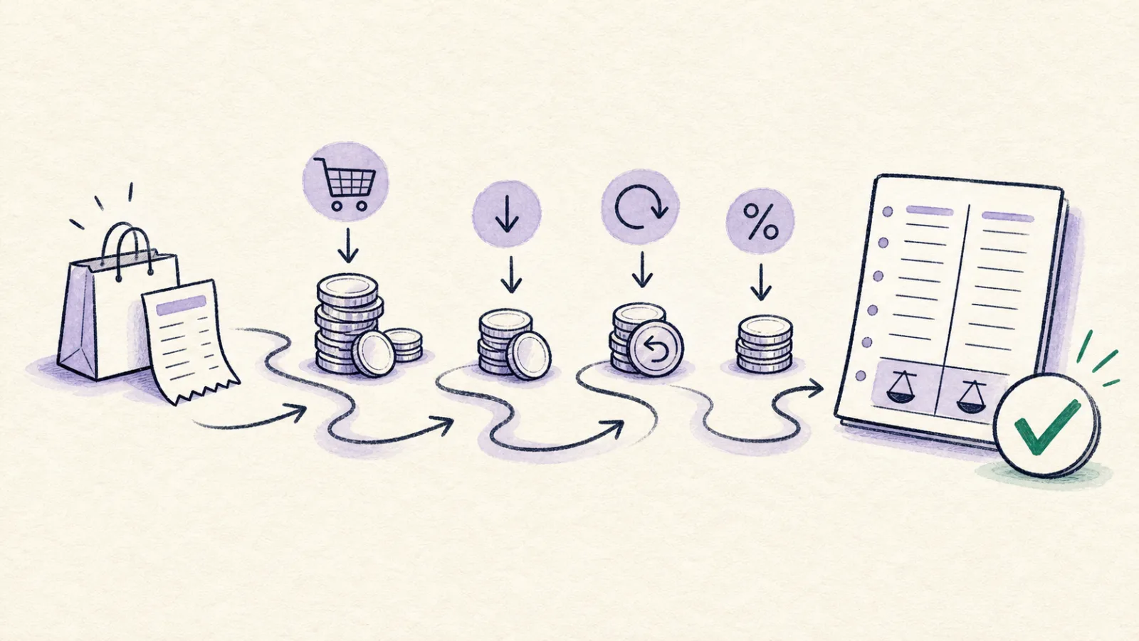 A hand-drawn Shopify payout journey showing sales, refunds, fees, and the final bank deposit.