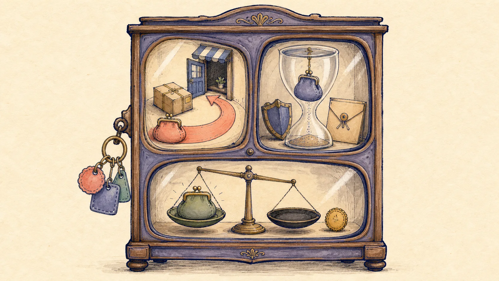 A hand-drawn merchant cabinet keeps an ordinary customer refund separate from a temporary card dispute and a final chargeback result.