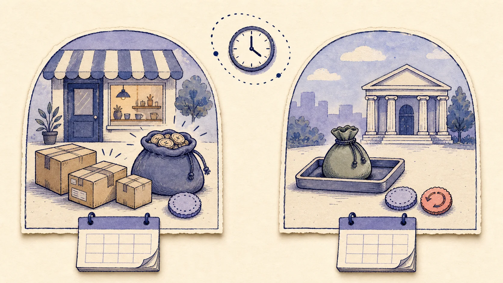 Two hand-drawn windows show Shopify customer sales on one date and a smaller bank payout arriving on a later date.