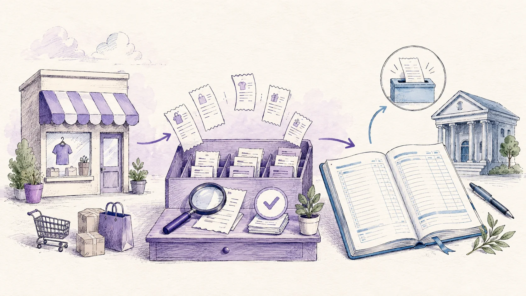 Hand-drawn storefront sends receipts through a purple review desk into a blue accounting ledger and a bank deposit.