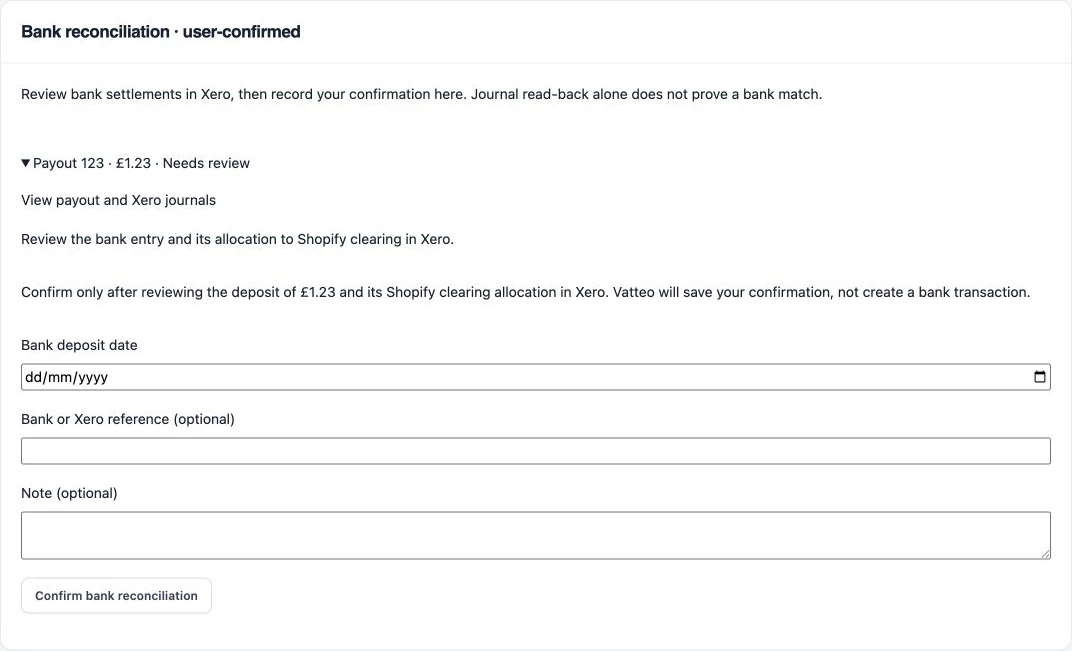 Vatteo Xero monthly close with an expanded payout bank-reconciliation form, deposit date, reference, note and confirmation button.