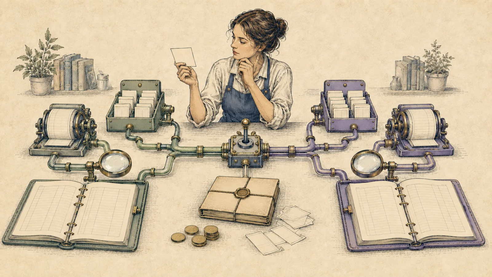 A bookkeeper compares two accounting ledgers receiving the same reviewed Shopify payout workflow.